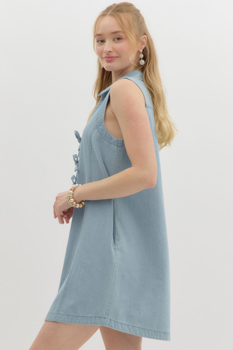denim dress with bow tie Sleeveless Cutout Back Bow Tie Denim Dress