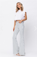 Load image into Gallery viewer, Walk The Line White Pin Stripe Super Flare Judy Blue Jeans