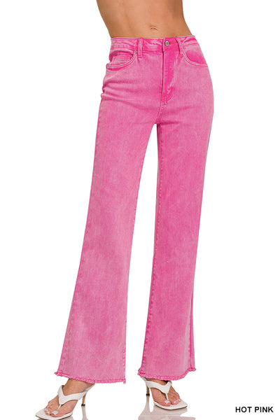 Happy Days Acid Wash Frayed Hem Wide Leg Pants-Multiple Colors Available