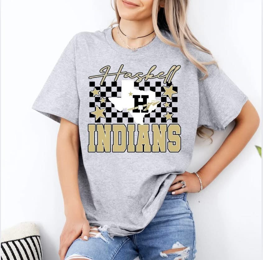 Haskell Indians TEXAS Design Checkered Spirit Graphic Tee