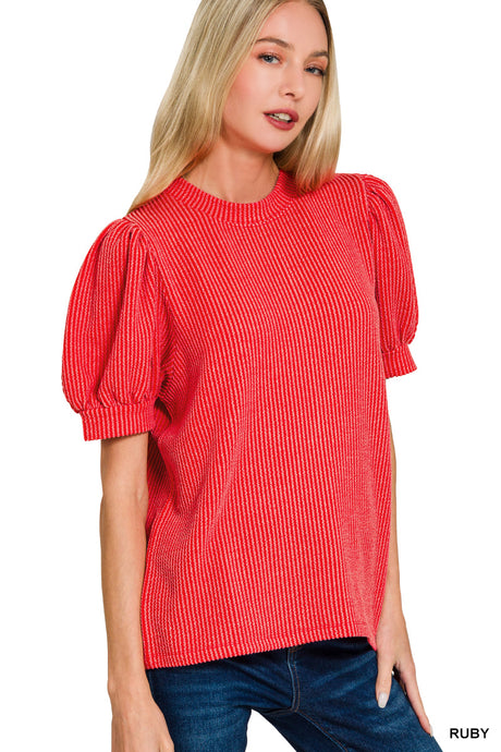 Certain About You Ribbed Puff Sleeve Top