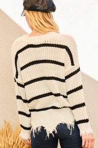 Don't Blink Black & White Striped Frayed Sweater