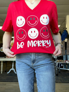 Glitter Smiley Merry Christmas Graphic Tee