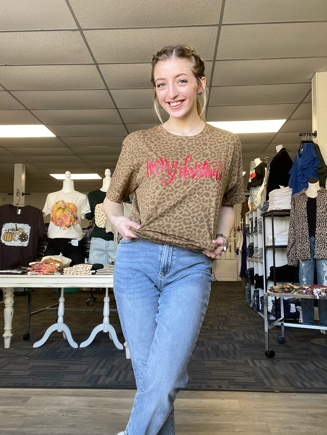 Glitter Merry Christmas Brown Leopard Graphic Tee