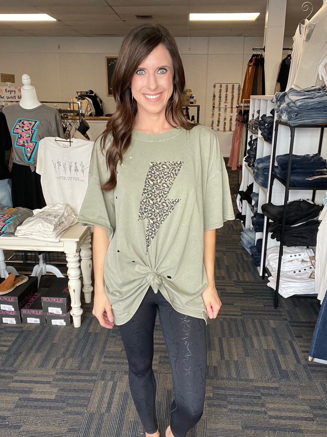 Leopard Bolt Distressed Top-2 Colors Available
